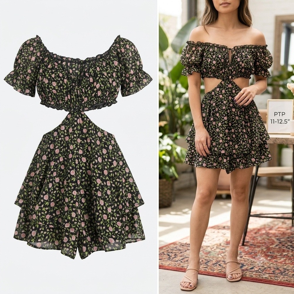 Sky to Moon Floral Cutout Tiered Ruffle Romper Black Pink S Whimsigoth Romantic